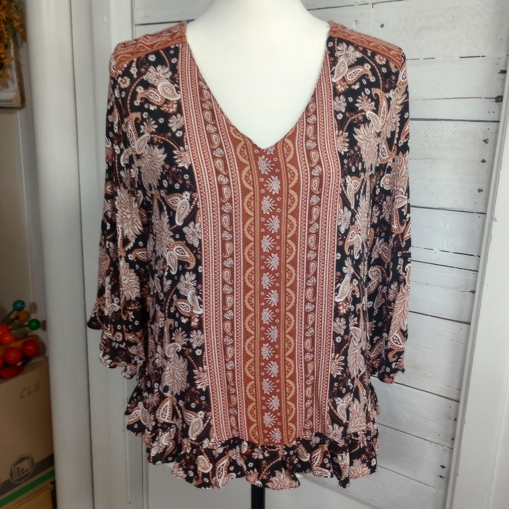 Cynthia Rowley Top Womens Large Boho ex Ruffled 3/4 Sleeve Floral Fairy VNeck